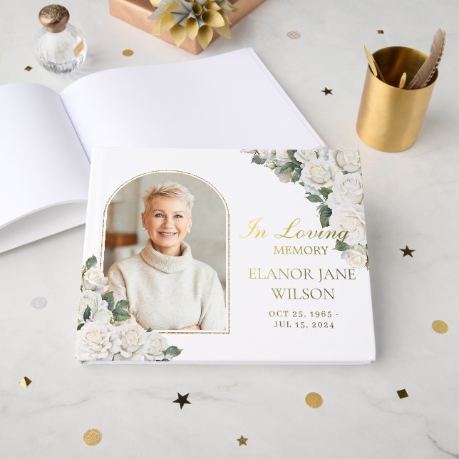 White Roses Floral Memorial Funeral Photo Picture Guest Book (Front Open)