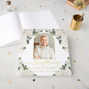 White Roses Floral Memorial Funeral Photo Picture  Guest Book