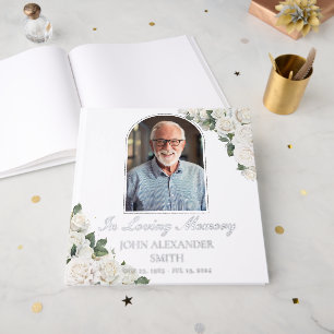 White Roses Floral Memorial Funeral Photo Silver Guest Book