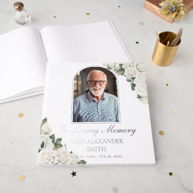 White Roses Floral Memorial Funeral Photo Silver Guest Book (Front Open)