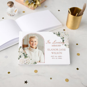 White Roses Floral Memorial Funeral Picture Photo Guest Book