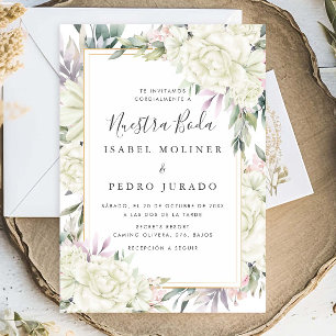 White Roses Floral Nuestra Boda Spanish Wedding Invitation