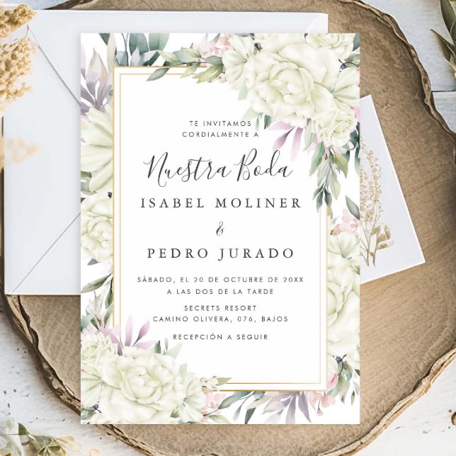 White Roses Floral Nuestra Boda Spanish Wedding Invitation (Creator Uploaded)