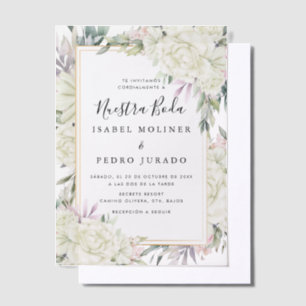 White Roses Floral Nuestra Boda Spanish Wedding Vellum Invitations