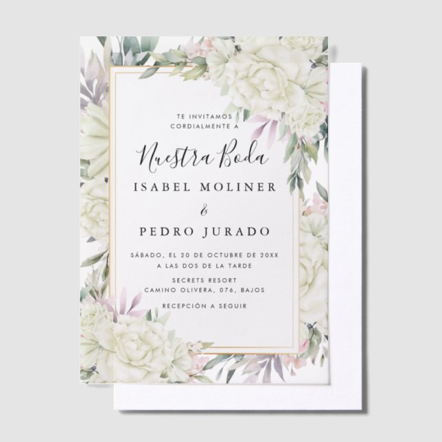 White Roses Floral Nuestra Boda Spanish Wedding Vellum Invitations (Offset)