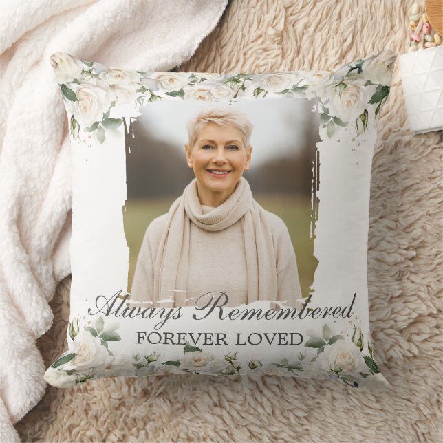 White Roses Floral Photo Funeral in Loving Memory Cushion (Blanket)