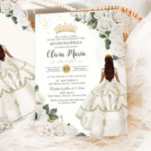 White Roses Floral Princess Gown Gold Quinceañera  Invitation