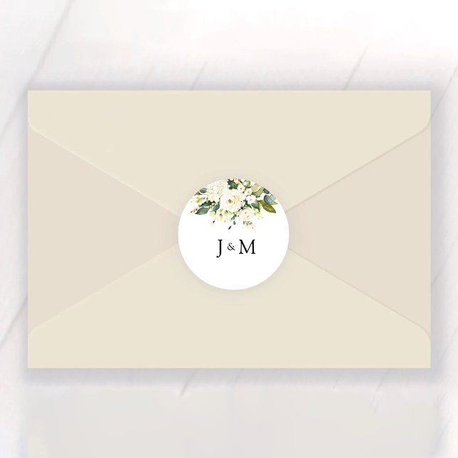 White Roses Floral Wedding Classic Round Sticker (Creator Uploaded)