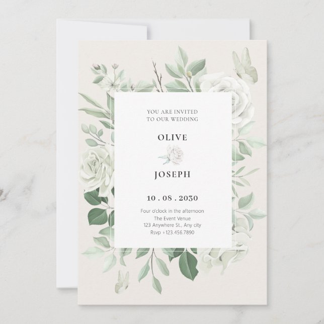 White roses floral wedding invitation (Front)