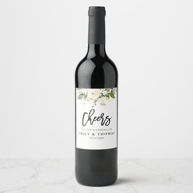 White Roses Floral Wedding Wine Label (Front)