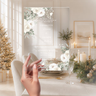 White roses florals winter luxury wedding acrylic invitations