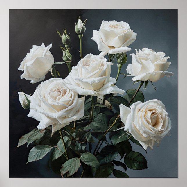 White Roses Flower Art Print Poster (Front)