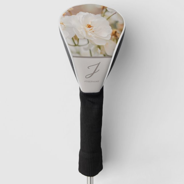 White Roses Flower Photo With Monogram And Name Golf Head Cover (Front)