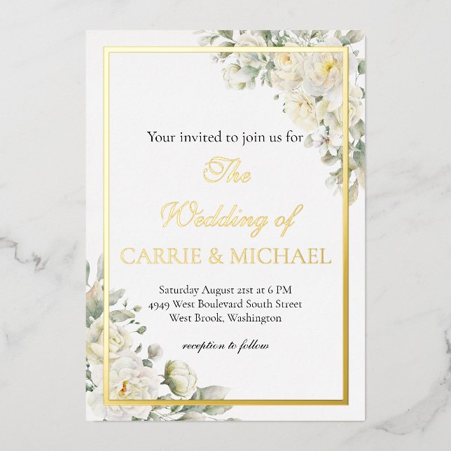 White Roses Foil Wedding Invitation (Front)