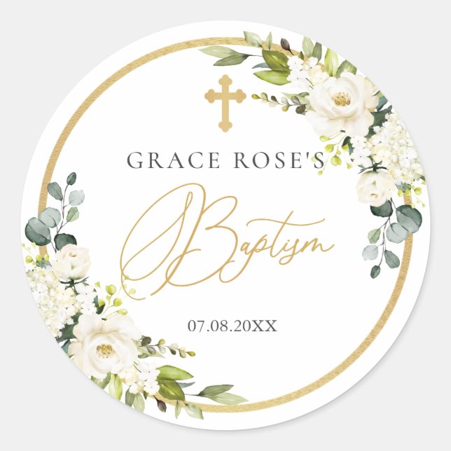 White Roses Foliage Cross Baptism Sticker (Front)