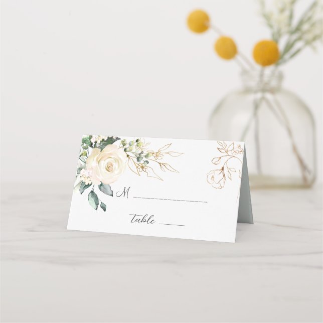 White Roses Foliage Wedding Folded Place Card (Front)