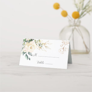 White Roses Foliage Wedding Folded Place Card