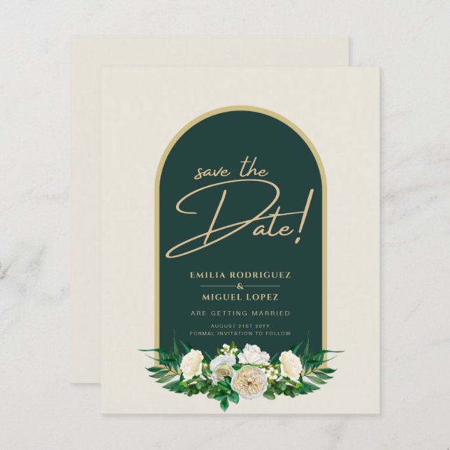 White Roses Forest Green Winter Wedding Save Dates (Front/Back)