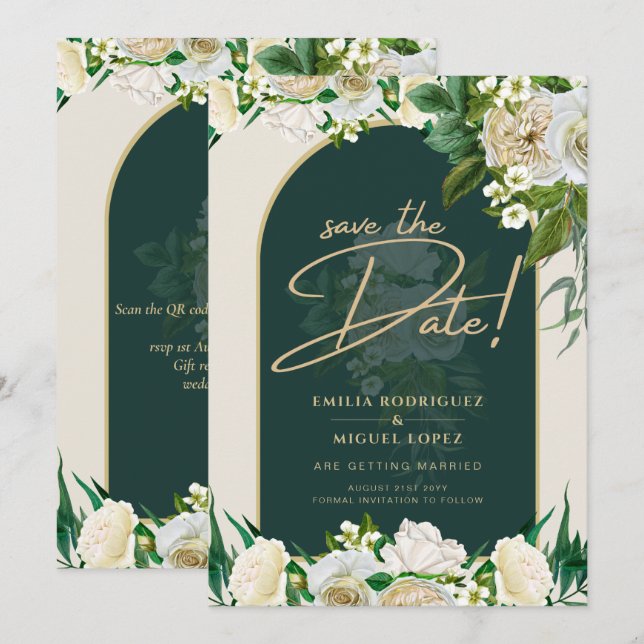 White Roses Forest Green Winter Wedding Save Dates Invitation (Front/Back)