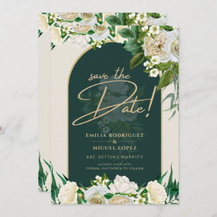 White Roses Forest Green Winter Wedding Save Dates Invitation