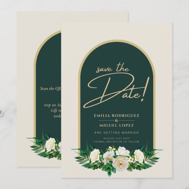 White Roses Forest Green Winter Wedding Save Dates Invitation (Front/Back)
