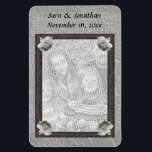 White Roses Frame Wedding Photo Personalised Magnet<br><div class="desc">Pretty white roses on a black ribbon frame save the date announcement or wedding favour 4x6 refrigerator magnet. Ready for your special photo. Fill in your information in the template. Make more changes to text and font size, style, and colour. Add your photo by clicking on Change and upload your...</div>