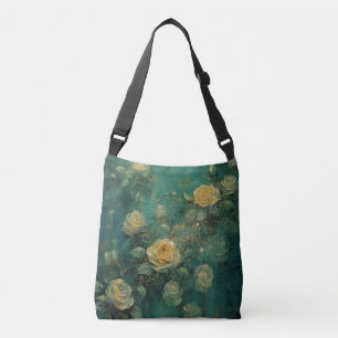 White Roses Gold Antique Vintage Romantic Green Crossbody Bag