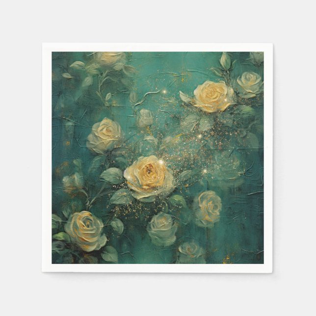 White Roses Gold Antique Vintage Romantic Green  Napkin (Front)