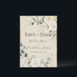 White Roses Gold Cream Elegant Modern Wedding Save The Date<br><div class="desc">Gorgeous elegant white roses & tiny daisies surrounded with a rustic gold frame & mixed greenery of eucalyptus with other watercolor leaves wedding invitation. Cream beige background.  Stunning.  Faux gold splashes on front & back to create a chic look.</div>