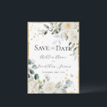 White Roses Gold Elegant Modern Wedding Save The Date<br><div class="desc">Gorgeous elegant white roses & tiny daisies surrounded with a rustic gold frame & mixed greenery of eucalyptus with other watercolor leaves wedding invitation.  Clean white background adds to the elegance of this lovely design.  Stunning.  Faux gold splashes on front & back to create a chic look.</div>