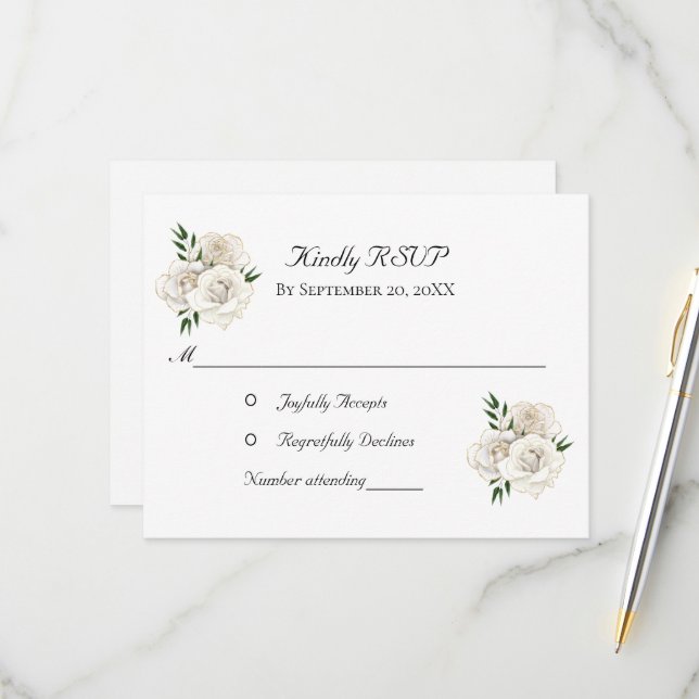 White Roses Gold Formal Elegant Stylish Wedding RSVP Card (Front/Back In Situ)