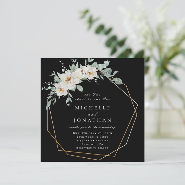 White Roses Gold Frame on Black Christian Wedding Invitation (Standing Front)
