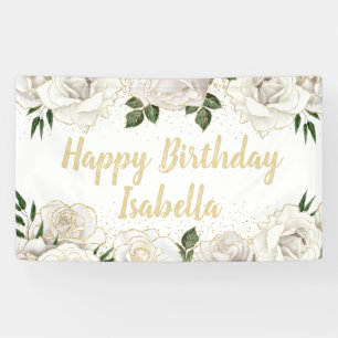 White Roses Gold Glitter Happy Birthday Name Banner