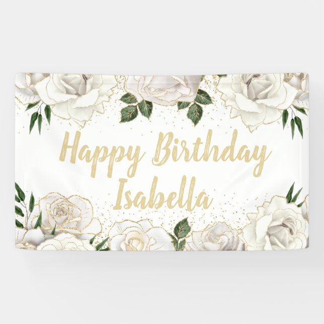 White Roses Gold Glitter Happy Birthday Name Banner (Horizontal)