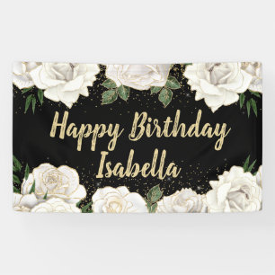 White Roses Gold Glitter Happy Birthday Name Black Banner