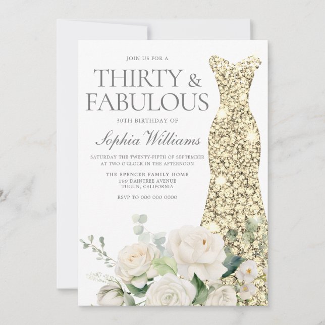 White Roses Gold Gown 30th Birthday Party Invitation (Front)