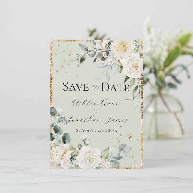 White Roses Gold Green Elegant Modern Wedding Save The Date (Standing Front)
