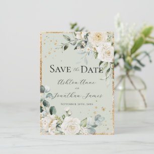 White Roses Gold Green Elegant Modern Wedding Save The Date