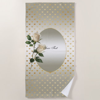White Roses Gold Hearts Beach Towel