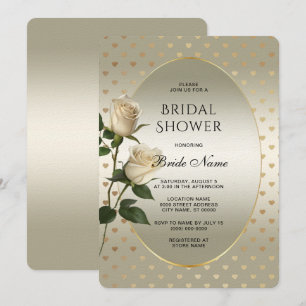 White Roses Gold Hearts Bridal Shower Invitation