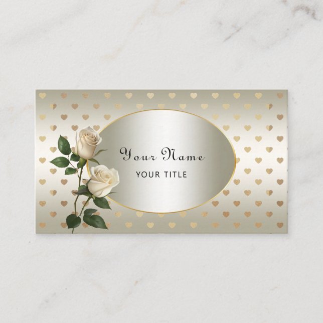 White Roses Gold Hearts Business Card (Front)