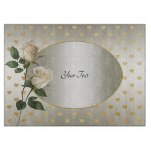 White Roses Gold Hearts Cutting Board