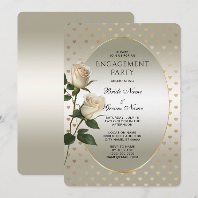 White Roses Gold Hearts Engagement Invitation (Front/Back)