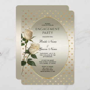 White Roses Gold Hearts Engagement Invitation