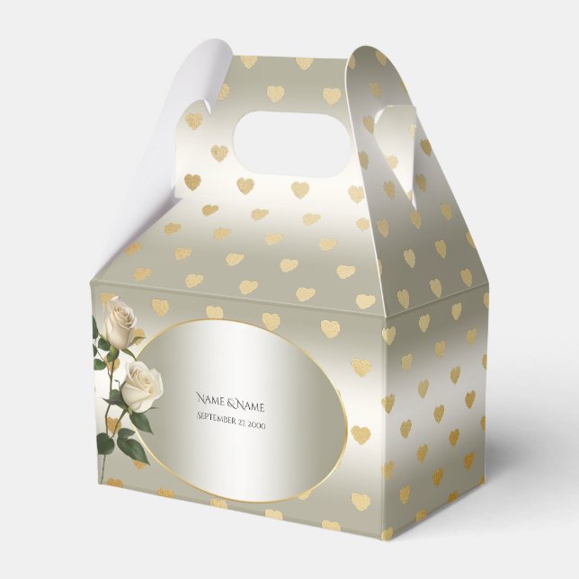 White Roses Gold Hearts Favour Box (Front Side)
