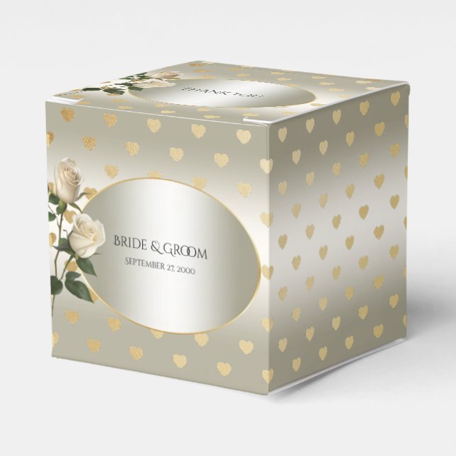White Roses Gold Hearts Favour Box (Front Side)