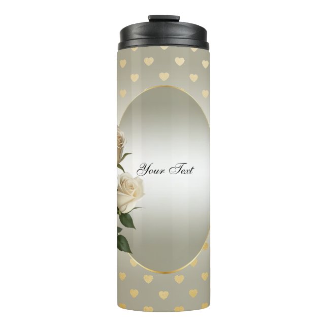White Roses Gold Hearts Floral Thermal Tumbler (Front)
