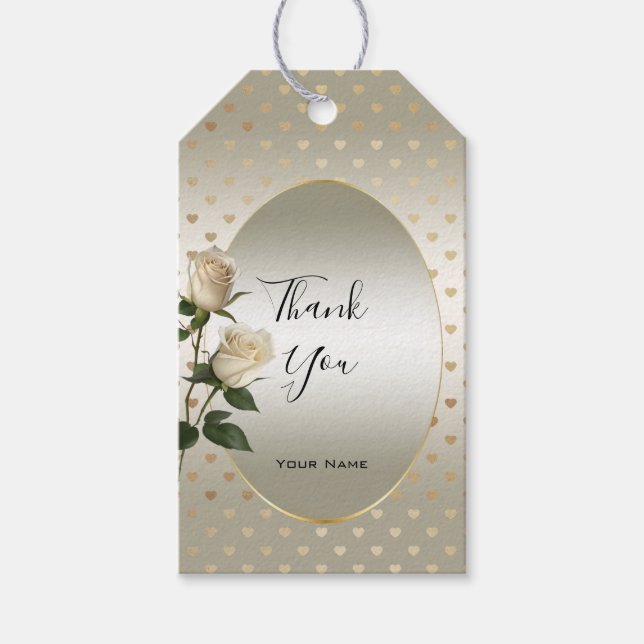 White Roses Gold Hearts Gift Tag (Front)