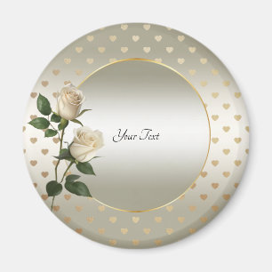 White Roses Gold Hearts Magnet