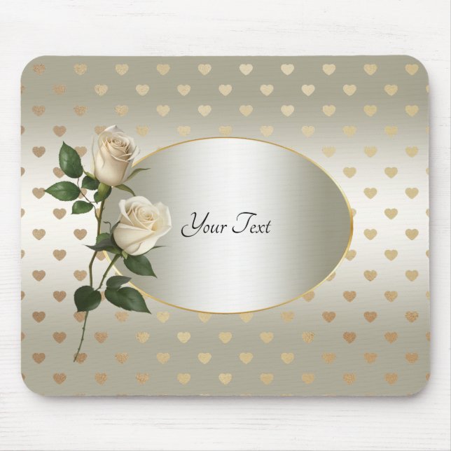 White Roses Gold Hearts Mousepad (Front)